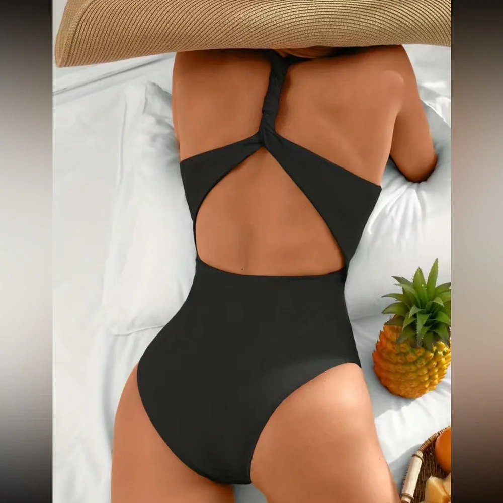 Boho black knotted V neck swimsuit